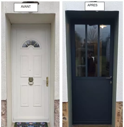 Porte d'entrée type atelier avant-après à Louargat – OuvertureS